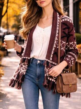 Anthropologie Brand Moth Burgundy fringe crop cardigan